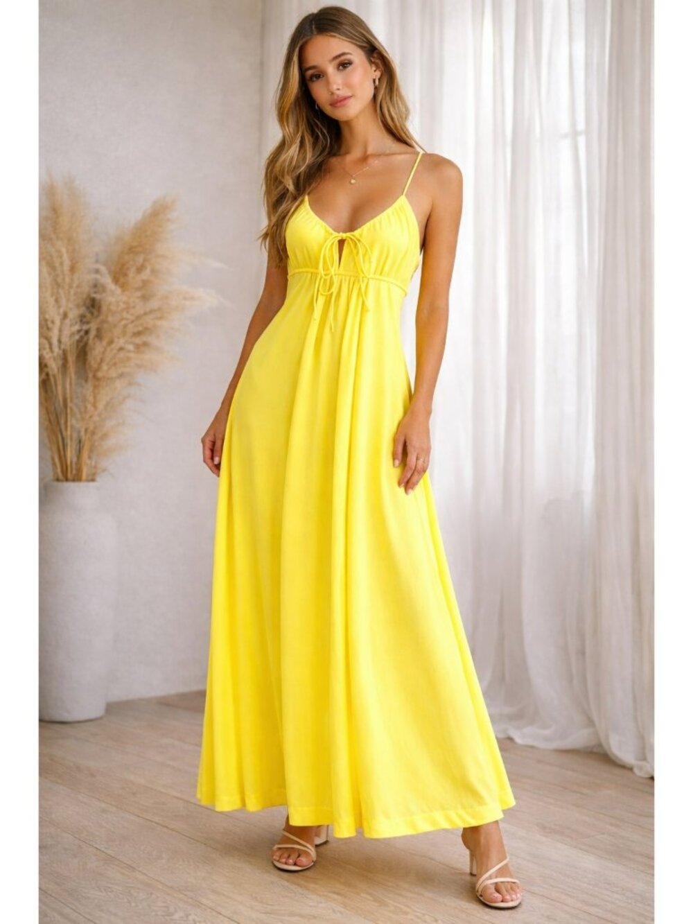 Vintage Yellow Chiffon Maxi Dress Empire Waist Spaghetti Straps 70s Size M (11/1